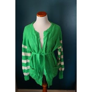 Vintage Leroy knitwear Open Lime Green and white stripped Cardigan size M/L